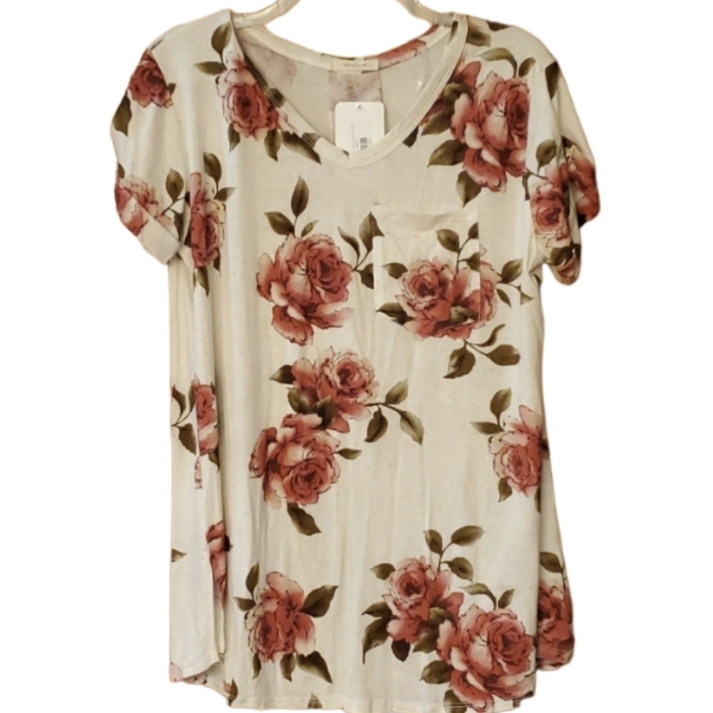 12PM by Mon Ami Linen Blend Spring Romance Floral V Neck Pocket Top Size Medium